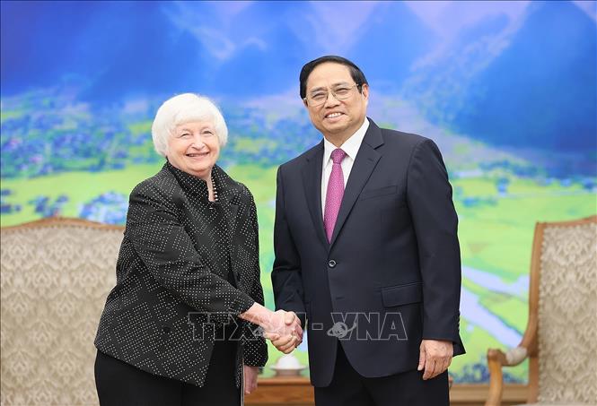 Thủ tướng Phạm Minh Chính tiếp Bộ trưởng Tài chính Hoa Kỳ Janet Yellen. Ảnh: Dương Giang/TTXVN