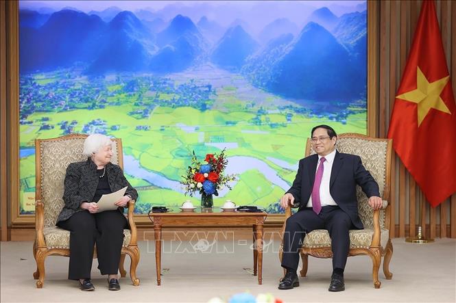 Thủ tướng Phạm Minh Chính tiếp Bộ trưởng Tài chính Hoa Kỳ Janet Yellen. Ảnh: Dương Giang/TTXVN