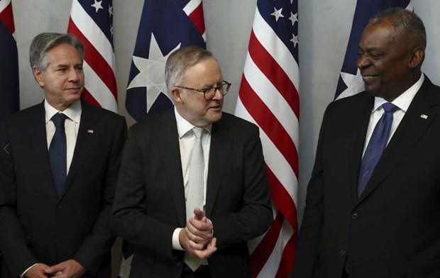 Thủ tướng Australia Anthony Albanese (giữa) và Ngoại trưởng Mỹ Antony Blinken (phải), Bộ trưởng Quốc phòng Lloyd Austin. (Nguồn: AP)
