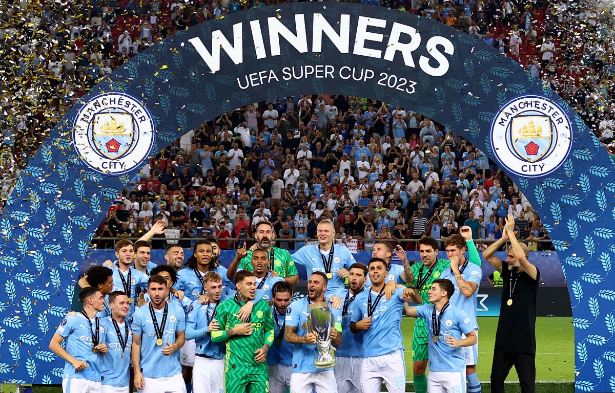 Man City đăng quang tại Siêu cúp châu Âu. Ảnh: Reuters