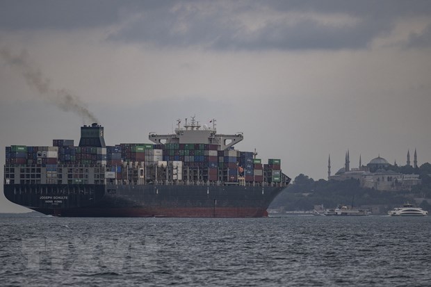 Tàu chở hàng Joseph Schulte di chuyển tại eo biển Bosphorus ở Istanbul, Thổ Nhĩ Kỳ, ngày 18-8-2023. (Ảnh: AFP/TTXVN)