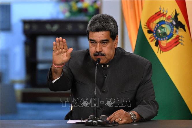 Tổng thống Venezuela Nicolas Maduro phát biểu trong cuộc họp báo ở Caracas ngày 20-4-2023. Ảnh minh họa: AFP/TTXVN