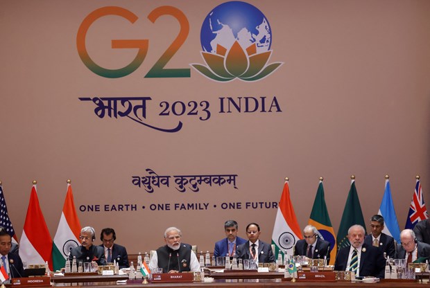 Thủ tướng Ấn Độ Narendra Modi (giữa) phát biểu tại Hội nghị thượng đỉnh G20 ở New Delhi, Ấn Độ, ngày 9-9-2023. (Ảnh: AFP/TTXVN)