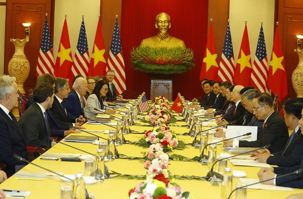 Việt Nam - Hoa Kỳ nâng cấp quan hệ lên Đối tác Chiến lược Toàn diện Tổng Bí thư Nguyễn Phú Trọng hội đàm với Tổng thống Hoa Kỳ Joe Biden. (Ảnh: Trí Dũng/TTXVN)