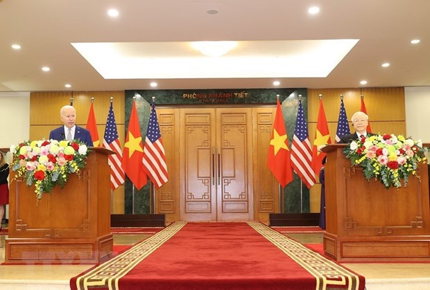 Tổng Bí thư Nguyễn Phú Trọng và Tổng thống Hoa Kỳ Joe Biden tại cuộc Họp báo Chung. (Ảnh: Trí Dũng/TTXVN)