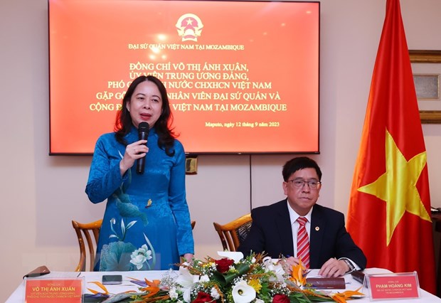 Phó Chủ tịch nước gặp gỡ cộng đồng người Việt Nam tại Mozambique Phó Chủ tịch nước Võ Thị Ánh Xuân nói chuyện với nhân viên Đại sứ quán, đại diện cộng đồng người Việt Nam tại Mozambique. (Ảnh: Lâm Khánh/TTXVN)