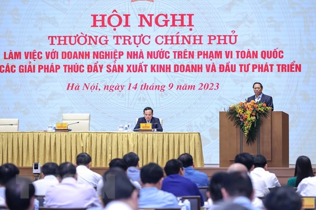 Thủ tướng Phạm Minh Chính phát biểu tại Hội nghị Thường trực Chính phủ làm việc với các Doanh nghiệp Nhà nước. (Ảnh: Dương Giang/TTXVN)