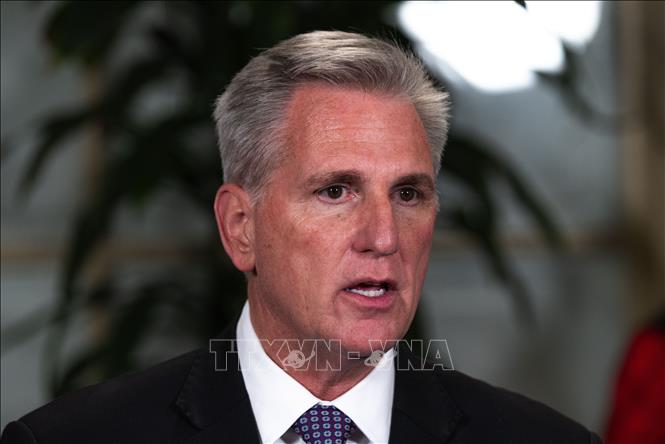 Chủ tịch Hạ viện Mỹ Kevin McCarthy trong cuộc họp báo về dự luật ngân sách tạm thời tại Washington DC., ngày 30-9-2023. Ảnh: THX/TTXVN 