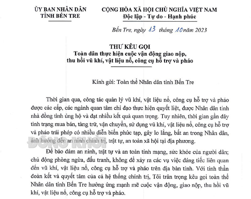 Kêu gọi toàn dân thực hiện cuộc vận động giao nộp, thu hồi vũ khí, vật liệu nổ, công cụ hỗ trợ và pháo