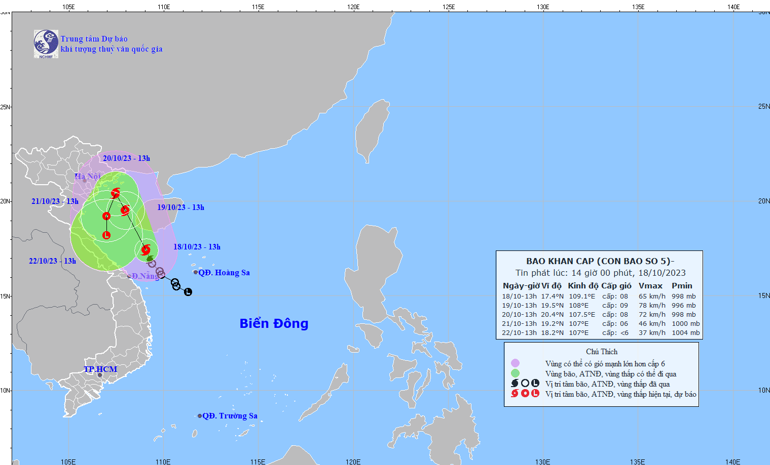 Dự báo hướng di chuyển của bão số 5. Nguồn: Trung tâm dự báo khí tượng thủy văn quốc gia