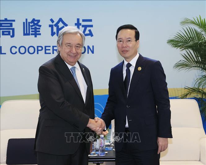 Chủ tịch nước Võ Văn Thưởng gặp Tổng Thư ký Liên hợp quốc Antonio Guterres. Ảnh: Thống Nhất/TTXVN