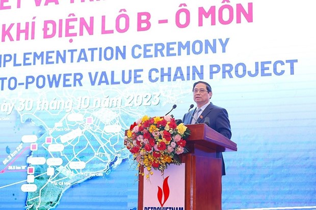 Thủ tướng Phạm Minh Chính phát biểu tại Lễ ký kết và triển khai chuỗi Dự án Khí-Điện Lô B-Ô Môn. (Ảnh: Dương Giang/TTXVN)