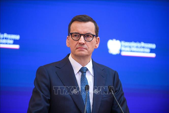 Thủ tướng Ba Lan Mateusz Morawiecki trong cuộc họp báo tại Warsaw, ngày 29-3-2023. Ảnh: PAP/TTXVN