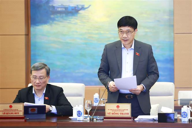 Chưa thông qua Luật Đất đai (sửa đổi) ở Kỳ họp thứ 6 Chủ nhiệm Ủy ban Kinh tế của Quốc hội Vũ Hồng Thanh trình bày báo cáo về một số nội dung lớn tiếp thu, giải trình, chỉnh lý dự thảo Luật Đất đai (sửa đổi). Ảnh: Doãn Tấn/TTXVN