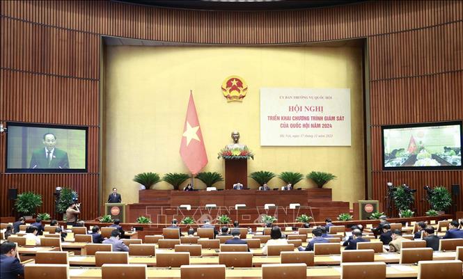 Chủ tịch Quốc hội chủ trì Hội nghị triển khai thực hiện Chương trình giám sát của Quốc hội năm 2024 Quang cảnh hội nghị. Ảnh: Doãn Tấn/TTXVN