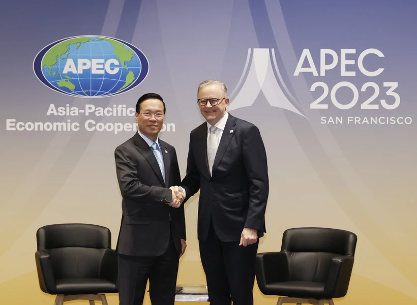 Chủ tịch nước tiếp Thủ tướng Australia nhân dịp dự Tuần lễ Cấp cao APEC 2023 Chủ tịch nước Võ Văn Thưởng gặp Thủ tướng Australia Anthony Albanese. (Ảnh: Thống Nhất/TTXVN)