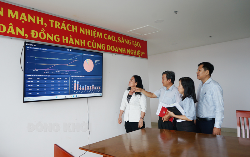 Lãnh đạo tỉnh kiểm tra vận hành Trung tâm Điều hành giáo dục thông minh (IOC). Ảnh: Thanh Đồng