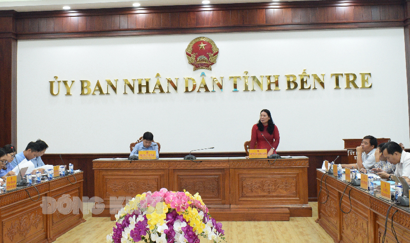 Phó chủ tịch UBND tỉnh Nguyễn Thị Bé Mười phát biểu tại buổi làm việc.