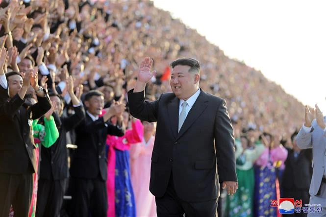 Nhà lãnh đạo Triều Tiên Kim Jong Un dự sự kiện kỷ niệm 75 năm ngày Quốc khánh, tại Bình Nhưỡng, ngày 8-9-2023. Ảnh: Yonhap/TTXVN