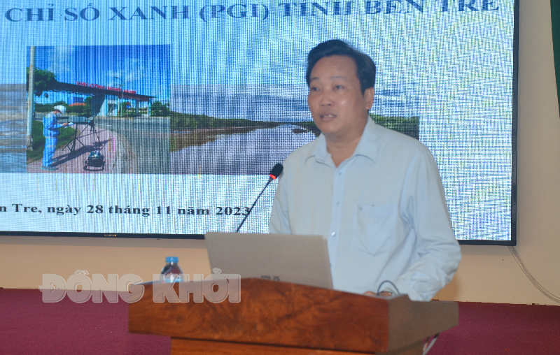 Hội thảo biến đổi khí hậu, đa dạng sinh học và triển khai thực hiện chỉ số tăng trưởng xanh tỉnh năm 2023 Phó giám đốc Sở Tài nguyên và Môi trường Trịnh Minh Khôi phát biểu tại hội thảo.