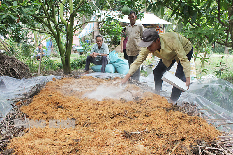 Hội viên nông dân ấp Thành Long triển khai thực hiện ủ phân hữu cơ bằng chế phẩm vi sinh phân giải Xenlulo TBio BIOFIT Composting.