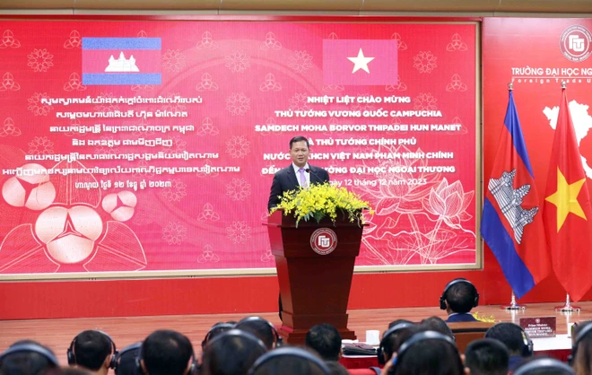 Thủ tướng Campuchia Samdech Hun Manet phát biểu. (Ảnh: Phạm Kiên/TTXVN)
