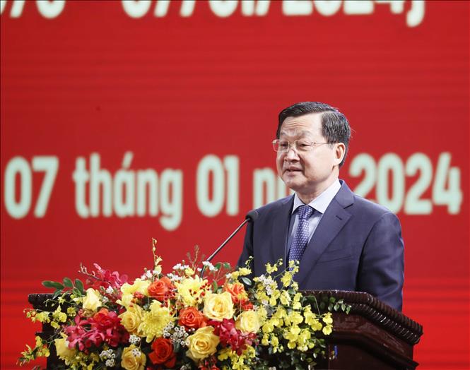 Kỷ niệm 45 năm Ngày chiến thắng chiến tranh bảo vệ biên giới Tây Nam Bí thư Trung ương Đảng, Phó Thủ tướng Chính phủ Lê Minh Khái đọc diễn văn tại lễ kỷ niệm. Ảnh: Thống Nhất/TTXVN