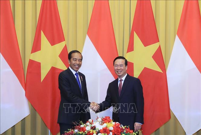 Chủ tịch nước Võ Văn Thưởng với Tổng thống Cộng hoà Indonesia Joko Widodo tại buổi hội đàm. Ảnh: Thống Nhất/TTXVN