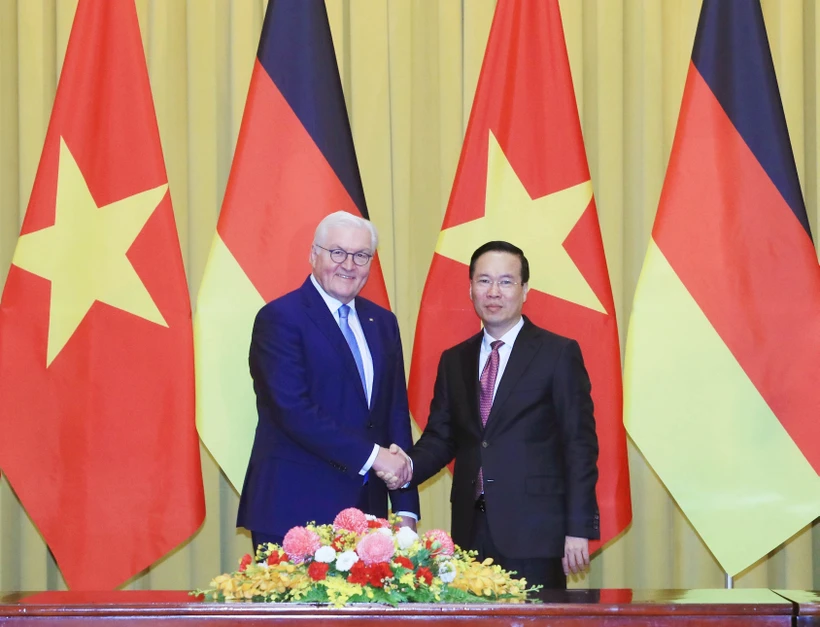 Chủ tịch nước Võ Văn Thưởng và Tổng thống Đức Frank-Walter Steinmeier tại buổi hội đàm. Ảnh: Thống Nhất/TTXVN