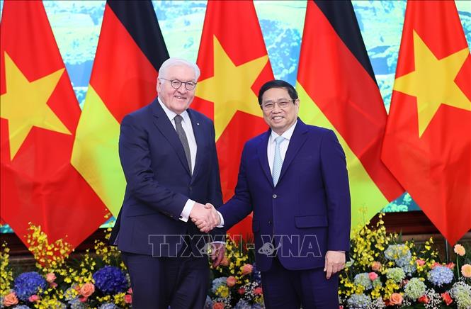 Thủ tướng Phạm Minh Chính hội kiến Tổng thống CHLB Đức Frank-Walter Steinmeier.. Ảnh: Dương Giang/TTXVN