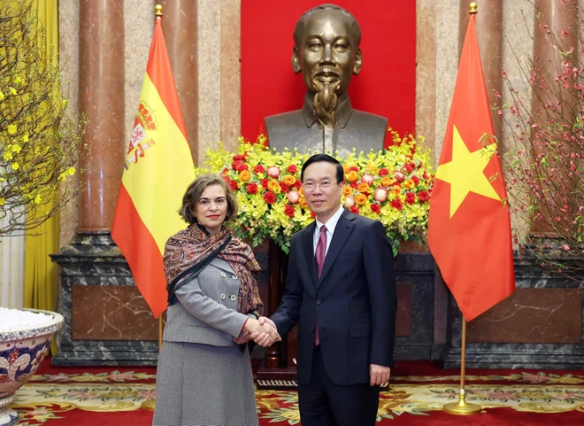 Chủ tịch nước Võ Văn Thưởng với Đại sứ Tây Ban Nha Carmen Cano De Lasala. (Ảnh: Thống Nhất/TTXVN)