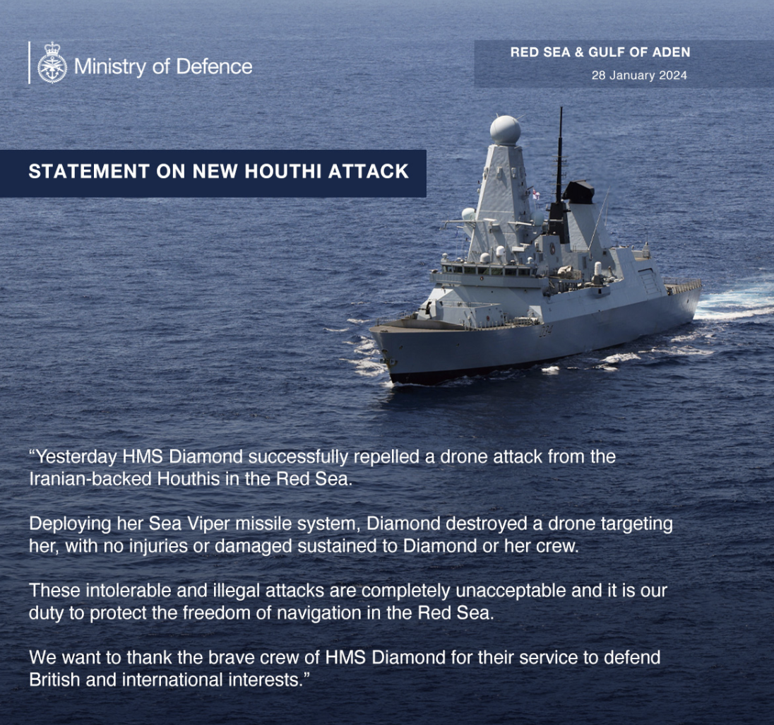 Thông báo của Bộ Quốc phòng Anh về việc Houthi sử dụng máy bay không người lái tấn công tàu HMS Diamond của Hải quân nước này. Ảnh: Bộ Quốc phòng Anh/X
