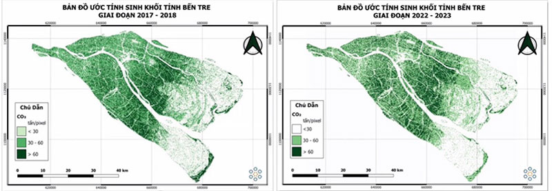 Bản đồ ước tính sinh khối tỉnh năm 2017 và 2023. Ảnh: TS. Trần Anh Tú