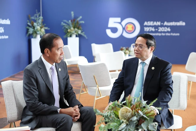 Thủ tướng Phạm Minh Chính gặp Tổng thống Indonesia Joko Widodo. Ảnh: Dương Giang/TTXVN
