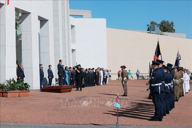 Lễ đón Thủ tướng Phạm Minh Chính và Phu nhân thăm chính thức Australia. Ảnh: Dương Giang/TTXVN