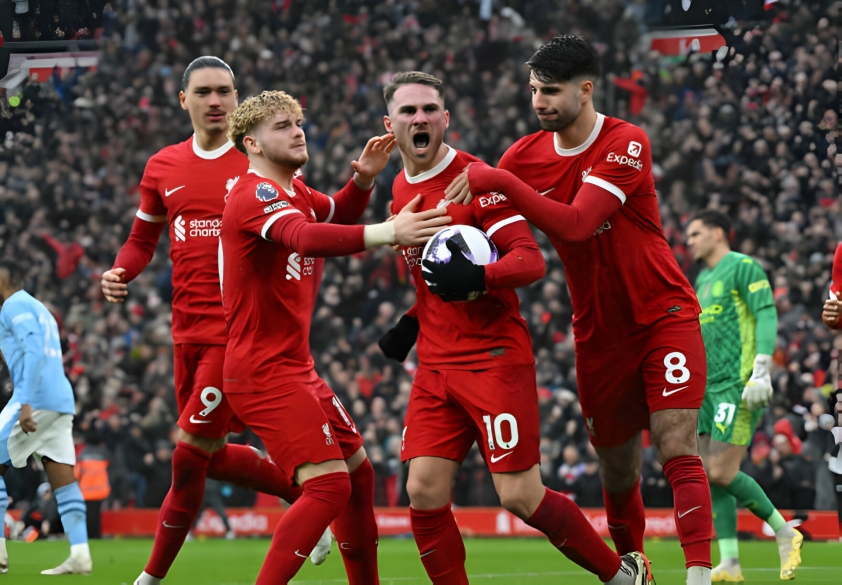 Liverpool và Man City chia điểm kịch tính tại vòng 28 Ngoại hạng Anh Mac Allister gỡ hoà cho Liverpool đầu hiệp 2. Ảnh: Getty.