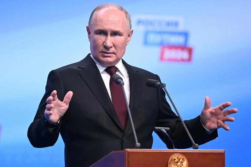 Tổng thống Nga Vladimir Putin trong cuộc họp báo tại Moskva sau khi kết quả bầu cử được công bố. Ảnh: AFP/TTXVN