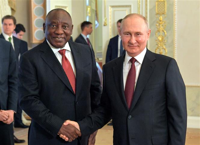 Tổng thống Nga Vladimir Putin (phải) và Tổng thống Nam Phi Cyril Ramaphosa trong cuộc gặp tại Strelna, ngoại ô Saint Petersburg (Nga) ngày 17-6-2023. Ảnh: AFP/TTXVN