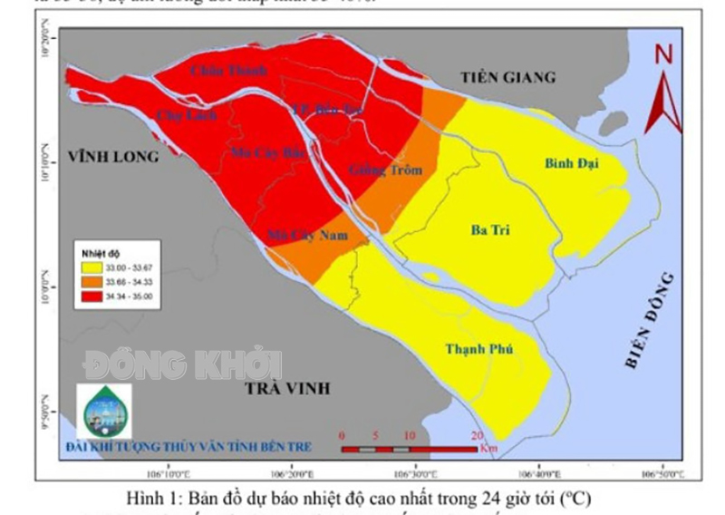 Bản đồ dự báo nhiệt độ cao nhất trong 24 giờ tới (°C). Ảnh chụp từ bản tin Đài Khí tượng thủy văn tỉnh.