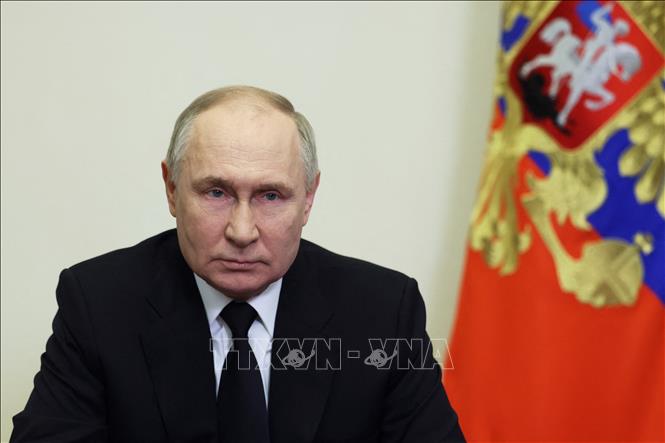 Tổng thống Nga Vladimir Putin phát biểu sau vụ tấn công khủng bố nhà hát trong trung tâm thương mại Crocus City Hall ở Moskva, ngày 23-3-2024. Ảnh: AFP/TTXVN