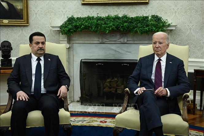 Tổng thống Mỹ Joe Biden (phải) và Thủ tướng Iraq Mohammed Shia al-Sudani trong cuộc gặp ở Washington, DC ngày 15-4-2024. Ảnh: AFP/TTXVN