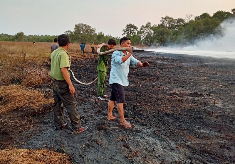 Đồng Tháp: Kịp thời dập tắt 2 vụ cháy rừng tại Vườn Quốc gia Tràm Chim Lực lượng chức năng tham gia chữa cháy rừng tại phân khu A3, Vườn Quốc gia Tràm Chim.