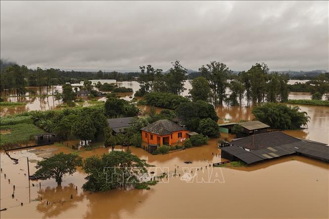 Lũ lụt và lở đất do mưa bão ở Brazil tiếp tục diễn biến nghiêm trọng Cảnh ngập lụt sau những trận mưa lớn tại Capela de Santana, bang Rio Grande do Sul, Brazil, ngày 2-5-2024. Ảnh: AFP/TTXVN