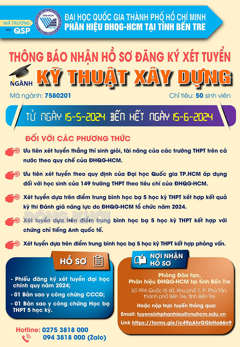 Nhận hồ sơ xét tuyển đại học chính quy theo phương thức xét tuyển sớm Phân hiệu Đại học Quốc gia TP. Hồ Chí Minh tại tỉnh Bến Tre thông báo nhận hồ sơ đăng ký xét tuyển