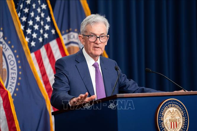 Chủ tịch FED Jerome Powell trong cuộc họp báo công bố chính sách của FED tại Washington, DC. THX/TTXVN