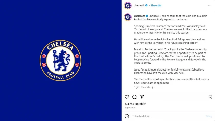 Chelsea xác nhận chia tay Pochettino (Ảnh/nguồn: Instagram).