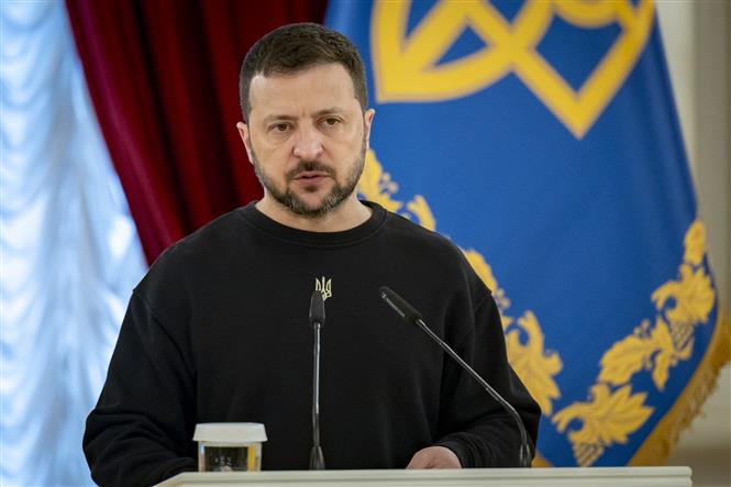 Tổng thống Ukraine Volodymyr Zelensky phát biểu tại thủ đô Kiev. Ảnh: AFP/TTXVN