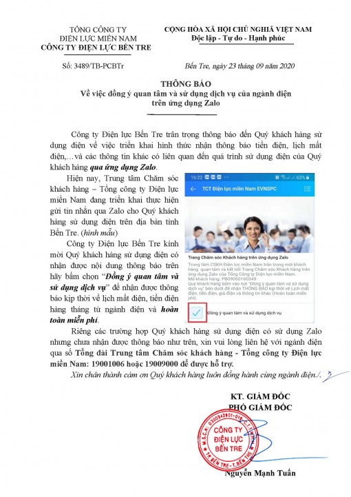 Thông báo về việc đồng ý quan tâm và sử dụng dịch vụ của ngành điện trên ứng dụng Zalo