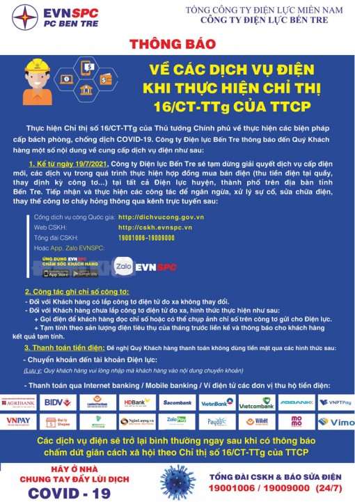 Thông báo về các dịch vụ điện khi thực hiện Chỉ thị số 16/CT-TTg
