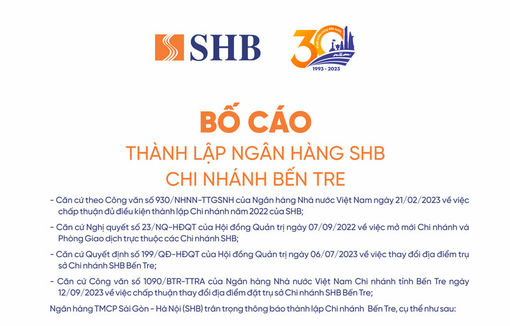 Bố cáo thành lập Ngân hàng SHB Chi nhánh Bến Tre Bố cáo thành lập Ngân hàng SHB Chi nhánh Bến Tre